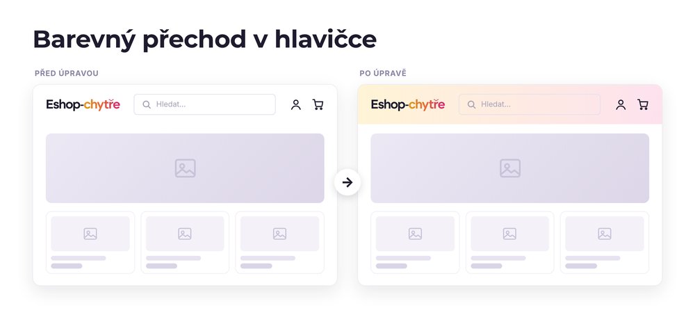 Barevný přechod v hlavičce – e-shop před a po úpravě, možná je jakákoli varianta