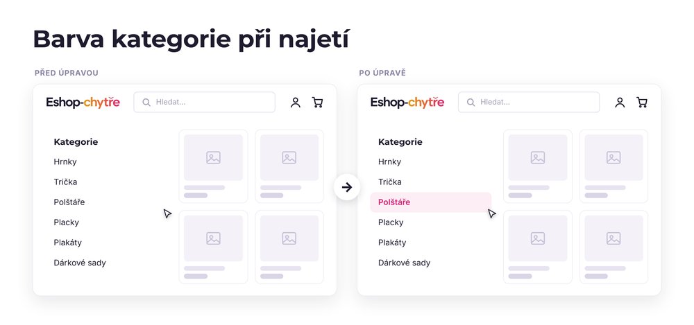 Barva kategorie při najetí – e-shop před a po úpravě, možná je jakákoli varianta
