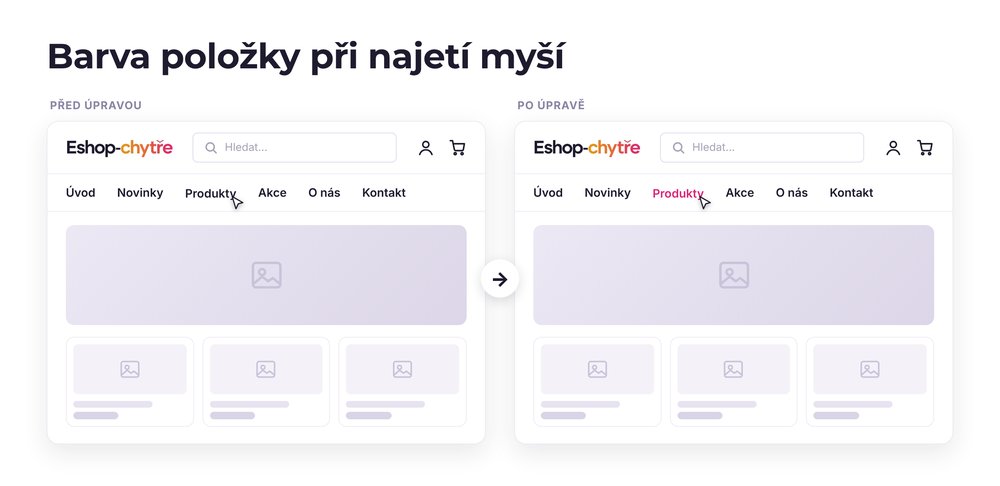 Barva položky při najetí myší – e-shop před a po úpravě, možná je jakákoli varianta