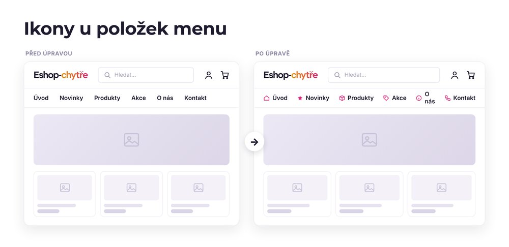 Ikony u položek menu – e-shop před a po úpravě, možná je jakákoli varianta