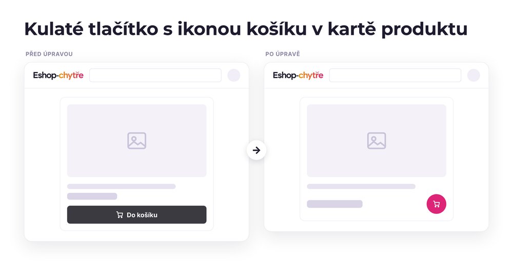 Kulaté tlačítko s ikonou košíku v kartě produktu – e-shop před a po úpravě, možná je jakákoli varianta