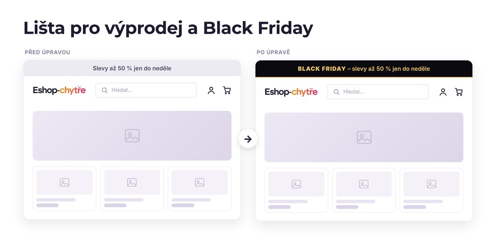 Lišta pro výprodej a Black Friday – e-shop před a po úpravě, možná je jakákoli varianta