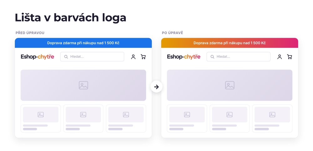 Lišta v barvách loga – e-shop před a po úpravě, možná je jakákoli varianta