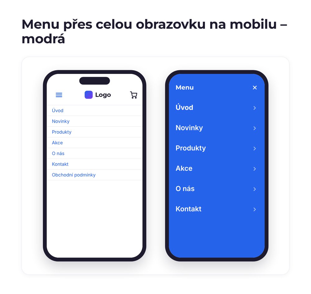 Menu přes celou obrazovku na mobilu – varianta modrá