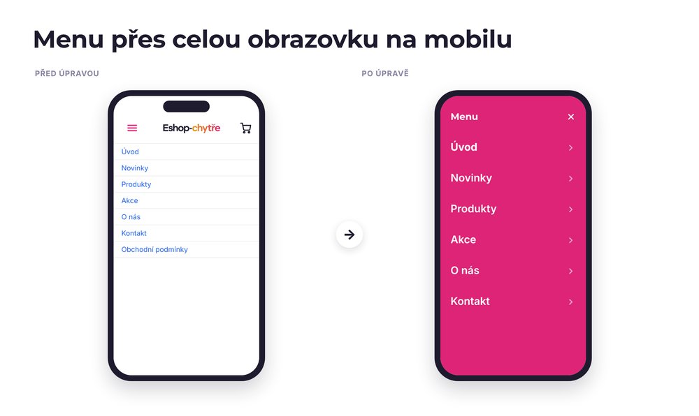 Menu přes celou obrazovku na mobilu – e-shop před a po úpravě, možná je jakákoli varianta