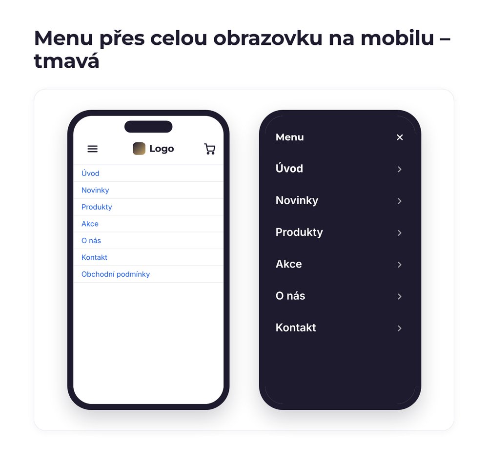Menu přes celou obrazovku na mobilu – varianta tmavá