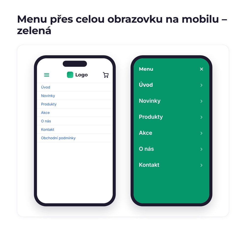 Menu přes celou obrazovku na mobilu – varianta zelená