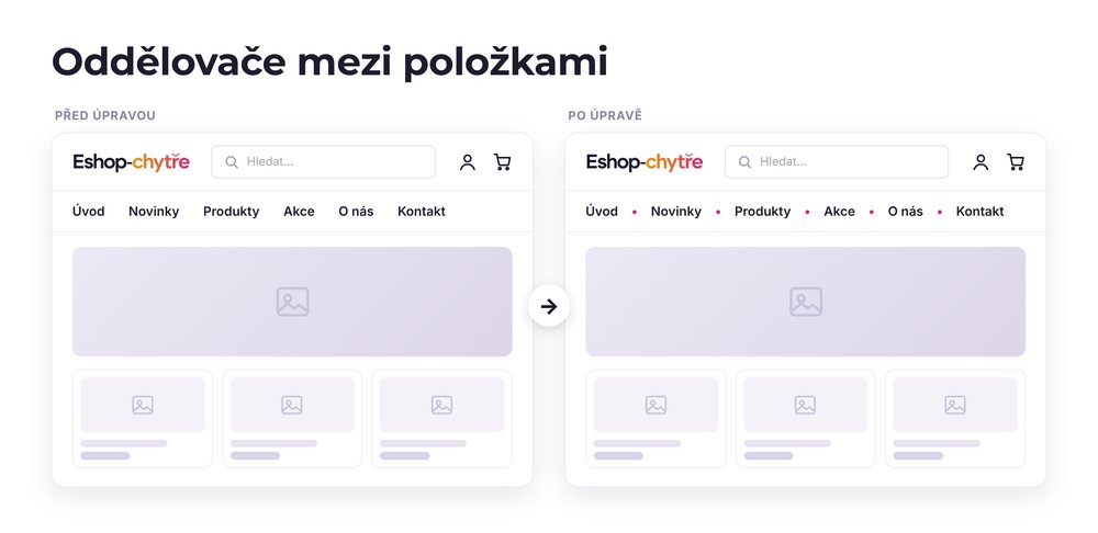 Oddělovače mezi položkami – e-shop před a po úpravě, možná je jakákoli varianta