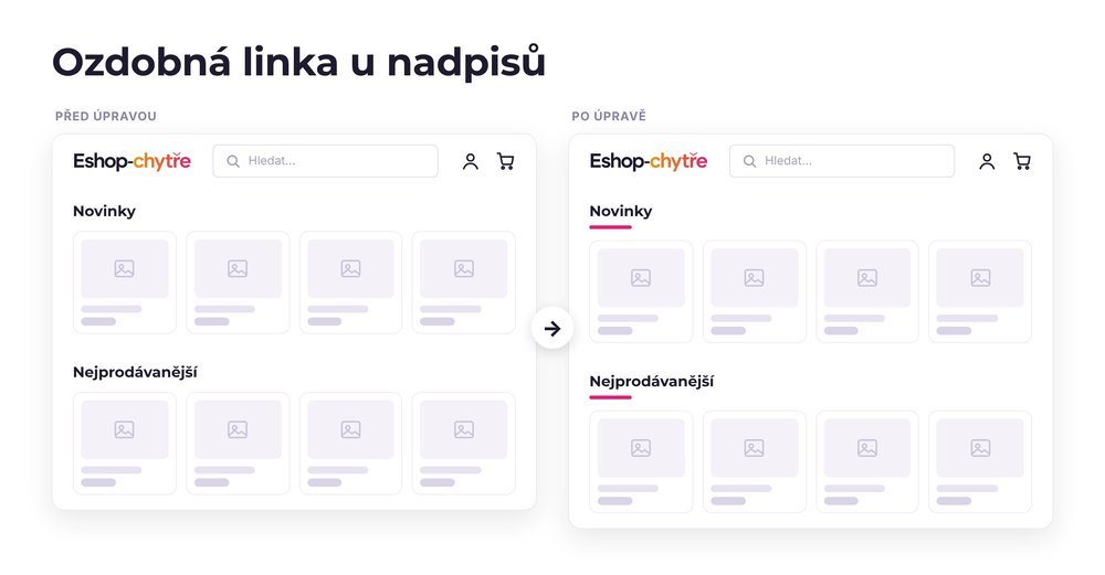Ozdobná linka u nadpisů – e-shop před a po úpravě, možná je jakákoli varianta