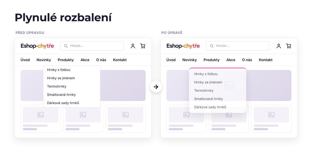 Plynulé rozbalení – e-shop před a po úpravě, možná je jakákoli varianta