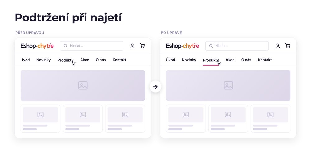 Podtržení při najetí – e-shop před a po úpravě, možná je jakákoli varianta