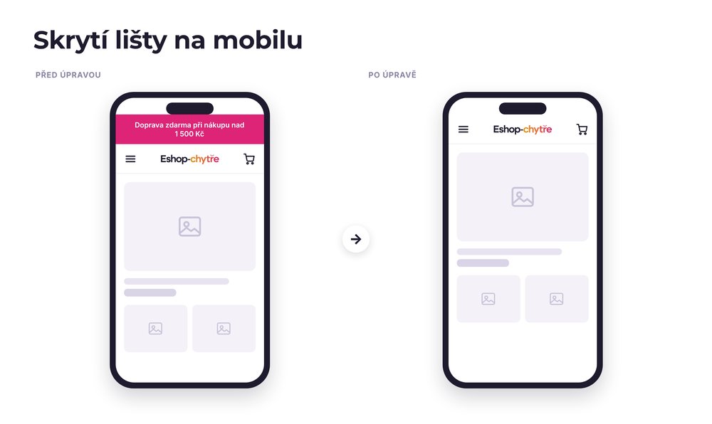 Skrytí lišty na mobilu – e-shop před a po úpravě, možná je jakákoli varianta