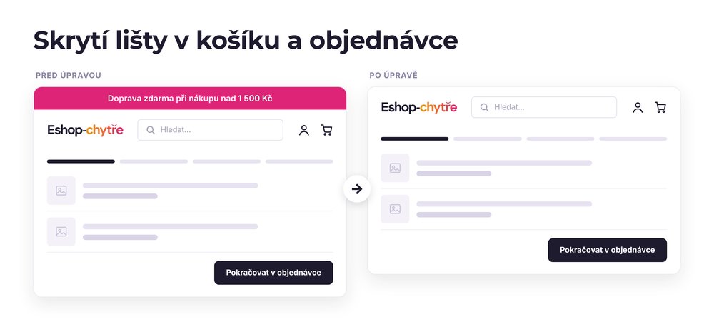 Skrytí lišty v košíku a objednávce – e-shop před a po úpravě, možná je jakákoli varianta