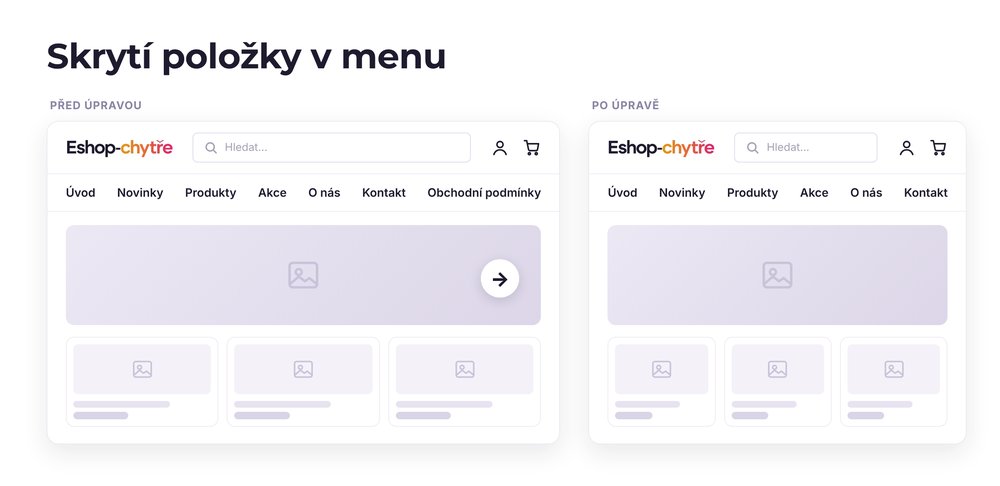 Skrytí položky v menu – e-shop před a po úpravě, možná je jakákoli varianta
