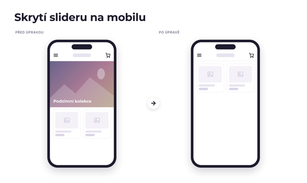 Skrytí slideru na mobilu – e-shop před a po úpravě, možná je jakákoli varianta