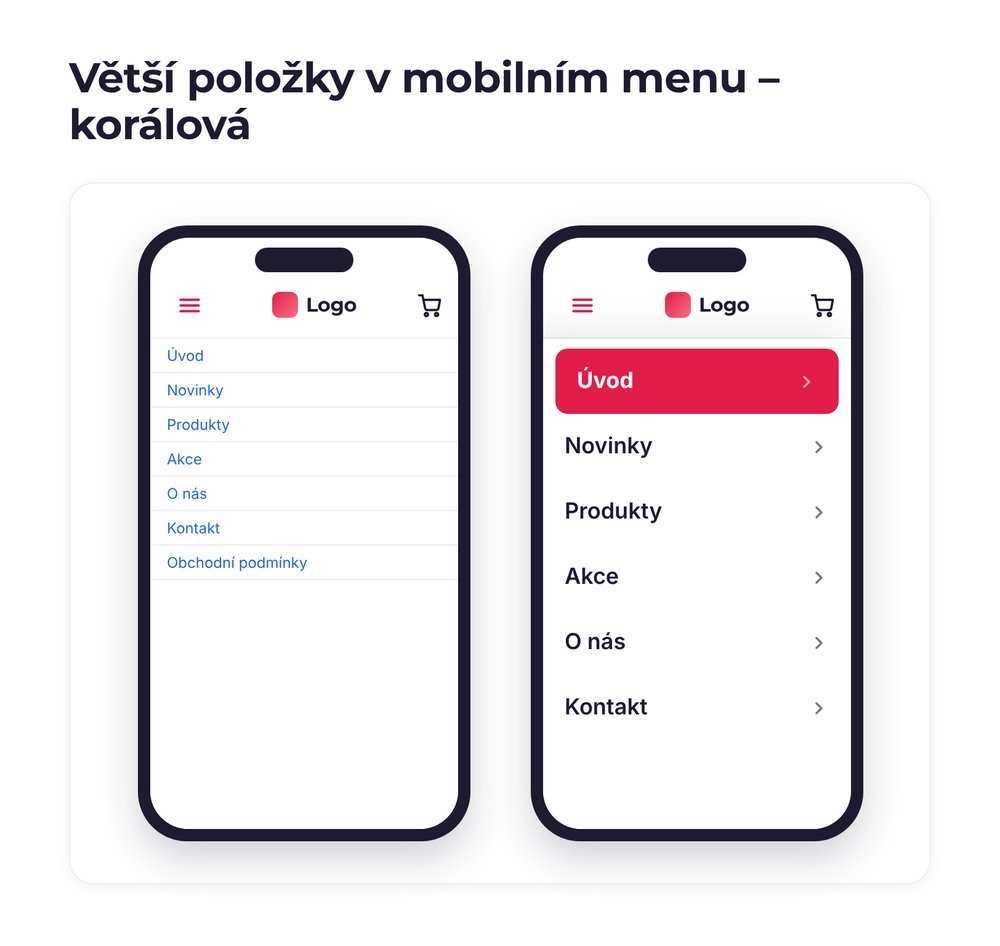 Větší položky v mobilním menu – varianta korálová