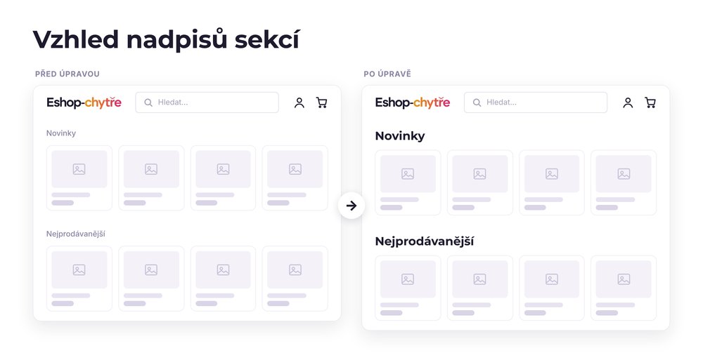 Vzhled nadpisů sekcí – e-shop před a po úpravě, možná je jakákoli varianta