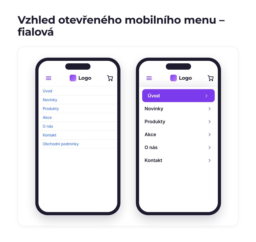 Vzhled otevřeného mobilního menu – varianta fialová
