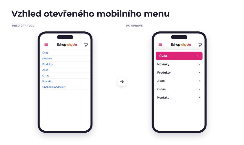 Vzhled otevřeného mobilního menu – e-shop před a po úpravě, možná je jakákoli varianta