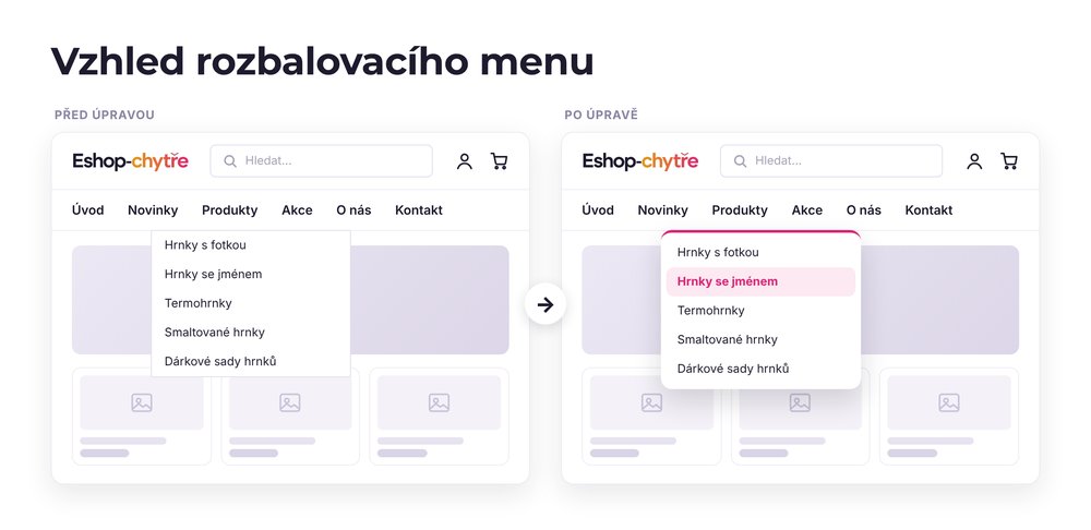 Vzhled rozbalovacího menu – e-shop před a po úpravě, možná je jakákoli varianta