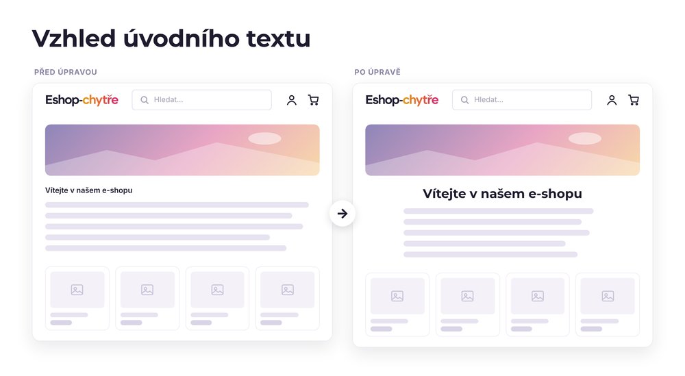 Vzhled úvodního textu – e-shop před a po úpravě, možná je jakákoli varianta