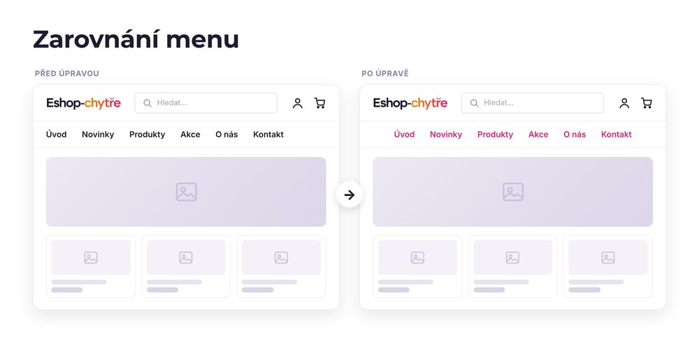 Zarovnání menu – e-shop před a po úpravě, možná je jakákoli varianta